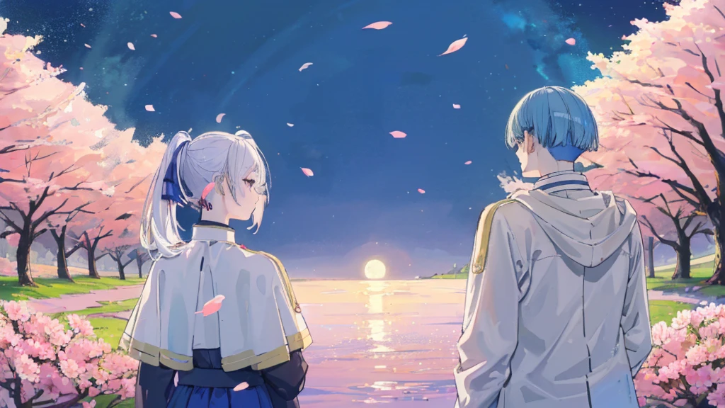 ((highest quality, super detailed girl and boy:1.4))BREAK,(girl is White hair,green eyes,shining eyes,((absurdly long twin tail)):1.3),BREAK,(boy is Blue hair,boy is short hair:1.3),BREAK,(boy and girl walking side by side:1.4),(landscape photography:1.3), (highly detailed background:1.2),(cherry blossoms, cherry blossom, midnight, moon:1.4),(total1 girl,total 1 boy,duo:1.3),(from behind:1.3),(girl is expressionless:1.2),(boy is smile:1.2),(boy looking at girl:1.3),(girl is looking away:1.2)