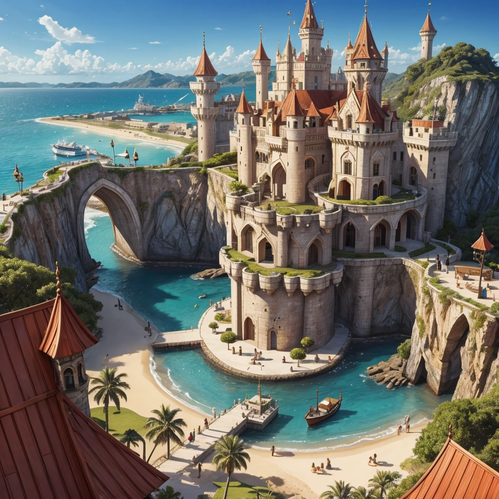 The Merrin Kingdom is a unique empire that spans across both the sea and land. It boasts an impressive castle and palace area constructed of sandstone, wood, and gemstones. The Kingdom is known for its huge ship building industry, and huge ship dock. The kingdom is built half on land, and half in the sea. It is a medieval and fantasy palace. This is a pirate kingdom. There are lots of pirates. The villages in this kingdom are built very close together. There are sandstone pathways in this large, expansive kingdom. This is a slightly poor kingdom due to the vast amount of pirates. Ships are docked as far as the eye can see. The palace is on land but the rest of the empire leads into the salty sea. There are a lot of palm trees everywhere. The streets in this kingdom are always lit up with stringed lights and dancing. This is a party filled kingdom. The docks in this kingdom are wooden and are everywhere. The ship dogs are made of wood, and any pathway that leave that to sea is always made of wood.