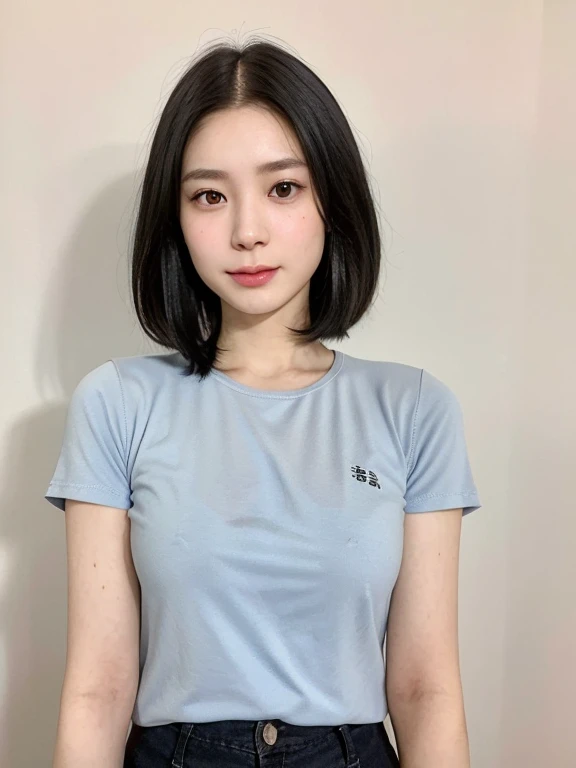 (kawaii 24 year-old Japanese girl, Nogizaka idol, Korean idol), (glossy black hair, messy very short hair, messy pixie cut, symmetric hair length, even length hair edges:1.3), (forehead), (extra rounded face, black eyes, single eyelid, no makeup, soft smiling:1.2), (wearing light blue t-shirt:1.3), (flat chest, extra small breasts:0.8), (looking at viewer:1.2), BREAK, (simple white background:1.3), (angle from below, portrait:1.3), BREAK, (masterpiece, best quality, photo realistic, official art:1.4), (UHD, 8K quality wallpaper, high resolution, raw photo, golden ratio:1.2), (shiny skin), professional lighting, physically based rendering, award winning, (perfect anatomy, highly detailed skin, extremely detailed face and eyes), Carl Zeiss 85 mm F/1.4, depth of field, 1girl, solo,