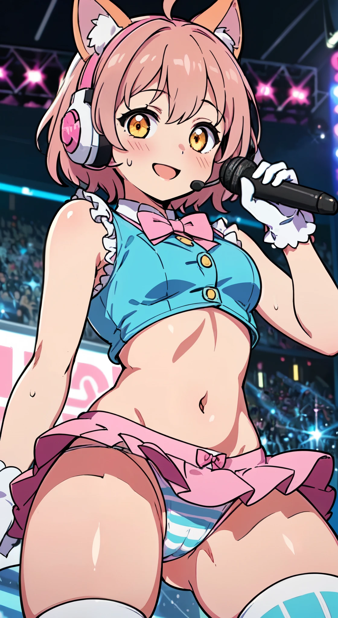 (Perfect body),highest quality,16K,((upon))、((blush)),((short hair)), (((Orange eyes))),(Thick tight),((((Pink Hair)))),Are standing,Sweat,I was surprised,(((Small Tits))),Big Ass,cowboy_shot,((((Wavy Hair)))),Ahoge,Barrette,(((Yellow sleeveless_Frills_Jacket))),(((ピンクのFrillsミニスカート))),(((Light blue striped panties))),(White knee socks),((Pink and white gloves)),(((((Panty shot))))),Big Ass,Flat Chest、(Thick thighs)、blush、standing,((( he is short))),((((smile)))),((((Put the headset on your head))),((nekomimi))、(((Raise your left arm))),((sing)),((((Dynamic pose)))),(((((Idol))))),(((((One Girl))))),(((Pink bow tie)))、((Underarm))、((((Jumping)))),From below,Spread your legs,