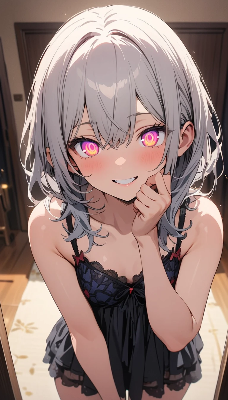 (top quality, masterpiece, high resolution, detailed), (shining eyes, detailed beautiful face), one girl, smiling, beautiful ruffled lingerie, indoor, beautiful animation, standing in front of mirror