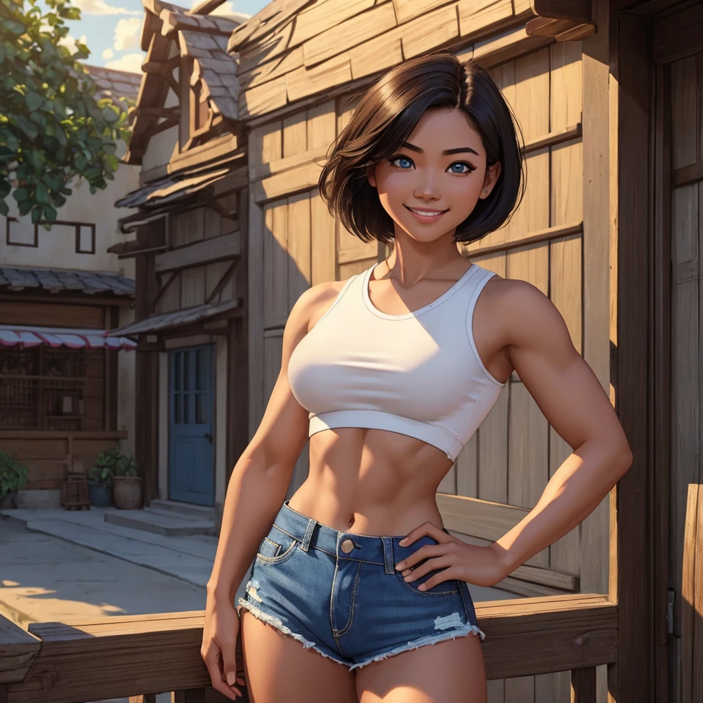 (masterpiece, best quality:1.1576), (ultra-detailed:1.1025), (cinematic lighting, illustration:1.05, beautiful detailed eyes, 1girl:1.05), Filipino girl, 24-years-old, strong muscles, short hair, blue crop top, high waisted shorts, smile, summer, village, hands at hips