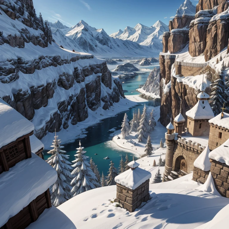 The Thermia Kingdom is a majestic land nestled in the heart of the snow-capped mountains of the north. It is set deep in the mountains. Their Kingdom is built on a mountainside. It is a cliff side palace. At the center of this magnificent kingdom lies its crowning jewel, the palace. Crafted to withstand the harshest of climates, this fortress is a true testament to the skill and ingenuity of Thermia's craftsmen. Though the castle is large, it is surrounded by many large snowy villages of their people. Beautiful architectural yet medieval villages. Their palace is made of stone and precious gemstones and ice. The villages around the palace are built into the cliff sides. The palace is also made of wood and gray stone and ice. This is a very humble kingdom with it being built into part of a Cliffside.