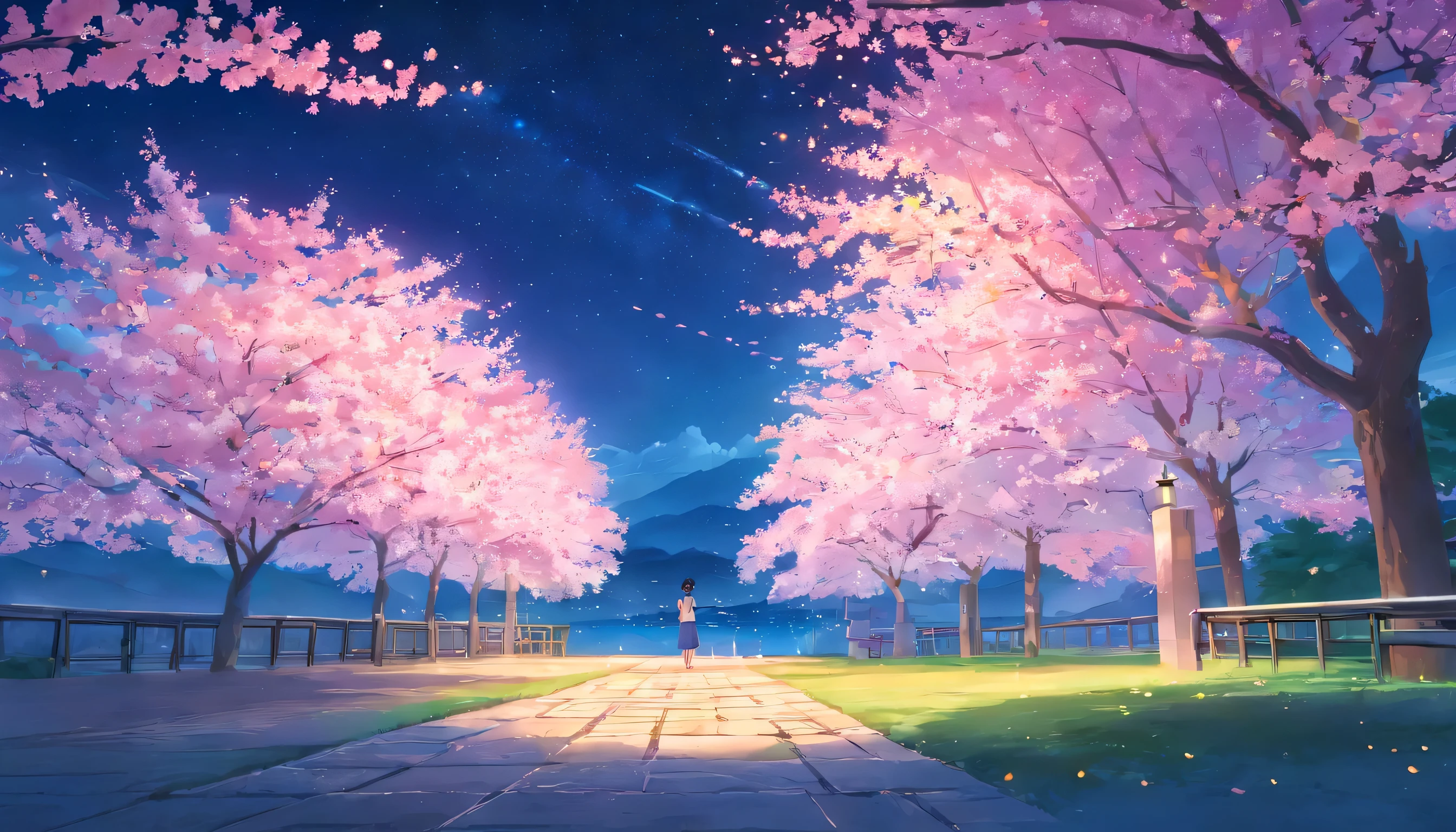 【Masterpiece】Cherry tree in full bloom,Japanese garden,Beautiful night sky,Nobody is here,quiet