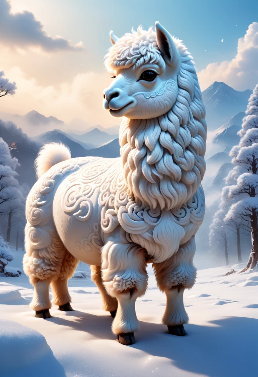 Ancient Chinese paintings,There are glowing alpacas on the snow,peculiar,Forest Snowfield,Rios,Auspicious Clouds,The fur is pure white,dazzling,Super cute body shape, Super Detail, Epic creation, Ultra HD, high quality, Very detailed, official art, Unity 8k wallpaper, Super Detail