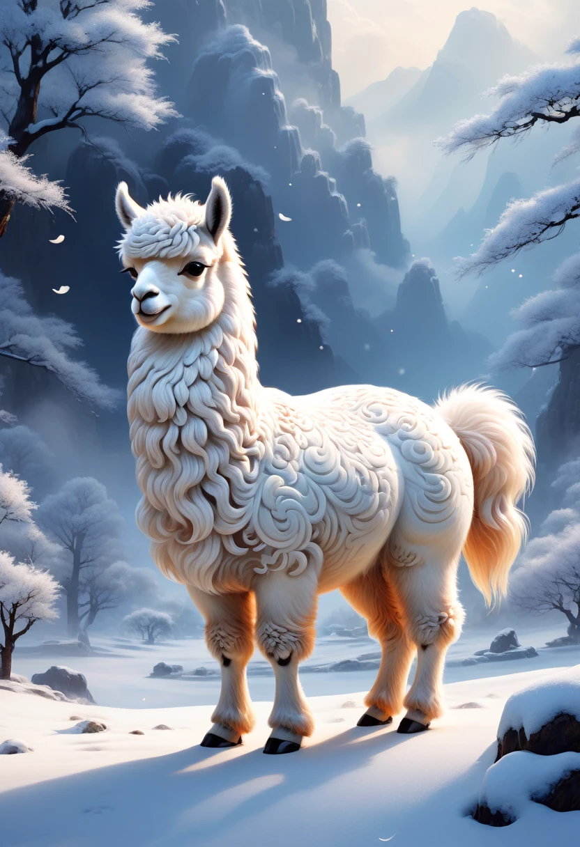 Ancient Chinese paintings,There are glowing alpacas on the snow,peculiar,Forest Snowfield,Rios,Auspicious Clouds,The fur is pure white,dazzling,Super cute body shape, Super Detail, Epic creation, Ultra HD, high quality, Very detailed, official art, Unity 8k wallpaper, Super Detail
