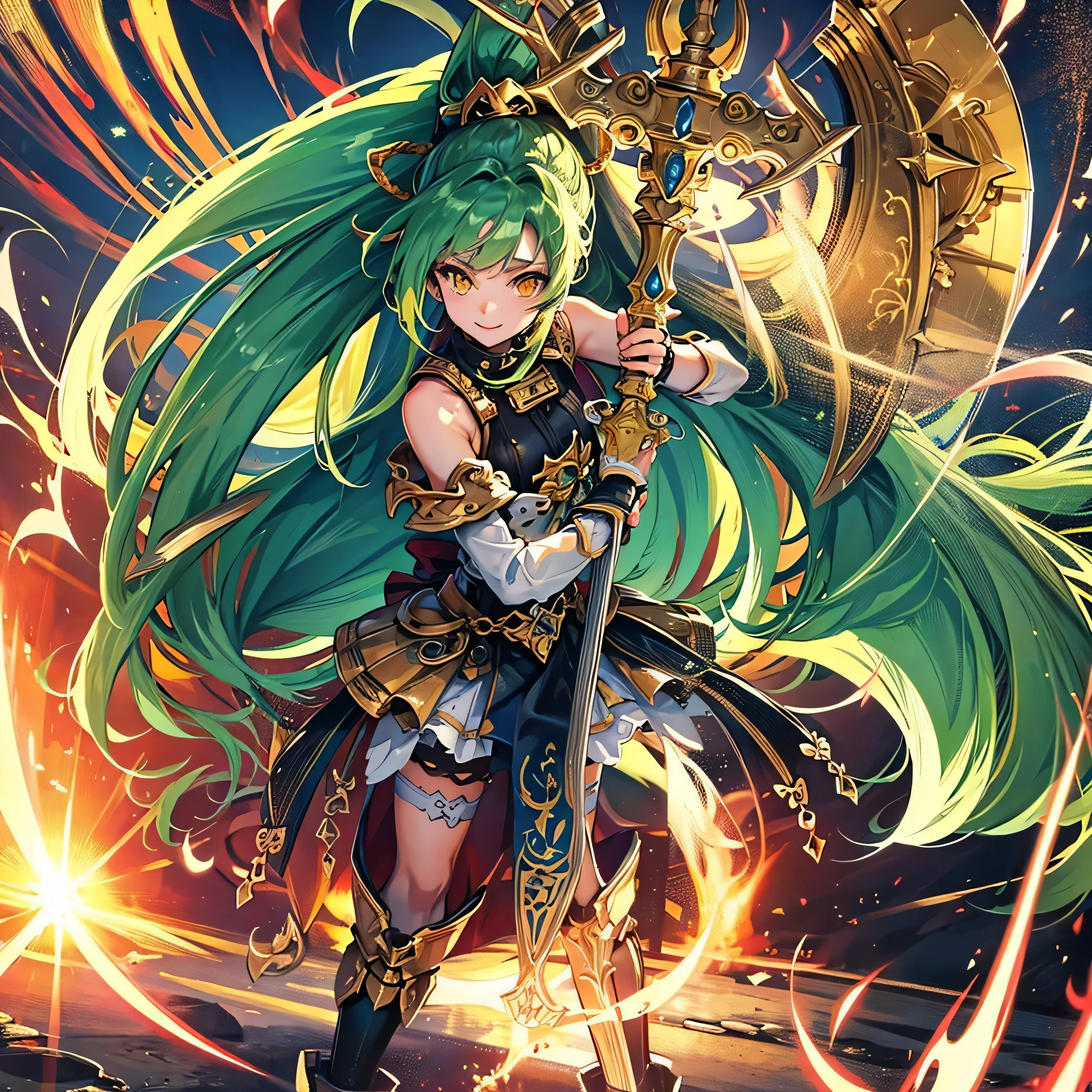 perfect anatomy, masterpiece:1.4, best quality, 16k, beautiful detailed grow, (battle style) (hands holding a detailed biggest divine axe gripping biggest divine axe in both hands), break, (solo:1.3 ponytail green hair long hair cute girl), ((15 yo)), (cute yellow eyes, happy smile), (sweaty skin) break, (in a battlesuit), (in the open battlefield).
