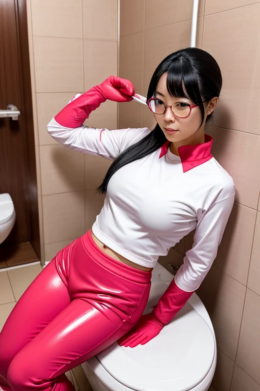 A Japanese woman with black hair and glasses wearing a red long-sleeved gym uniform and red gym pants with white rubber boots stroking her penis with pink rubber gloves in the toilet