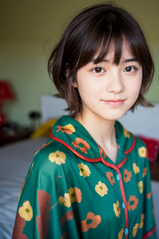 lens 135mm f1.8,(masterpiece, best quality:1.2), (raw photo), dappled nightlight, dramatic lighting, (beautiful Japanese girl), (chiseled face:0.7), (freckles:0.6), (shame smile:0.8), (flat bangs:0.8), (short-cut:1.2) semi-buzzcut red color hair, flutter in the wind, (dark green oversized poncho), (dark red pajama set), (at the bedroom),