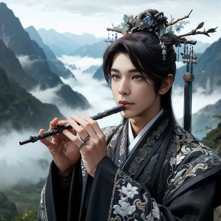 (Best Quality:1.2), (high resolution:1.2), (beautiful face and eye:1.2), (sharpest focus:1.2), (Ultra-realistic Photo:1.2), (Ultra-precise Photo:1.2), (Depth of field:1.2), (8k high resolution:1.2), (perfect anatomy:1.2), (nice hands:1.5),
(perfect hands:1.5), (Very young and masculine and dignified and beautiful Chinese male:1.5), (Beautiful nobleman:1.0), (A beautiful nobleman:1.0), (A shiny black hermit-like garment with fancy embroidery:1.0), (A gentle smile:1.3),
(Playing an iron flute:1.5), (A secluded hermit-like place deep in the mountains of China:1.0), (A mysterious fairyland:1.2), (Birds and animals gathered to listen to the sound of the flute:1.3), (Looking up angle:1.0),