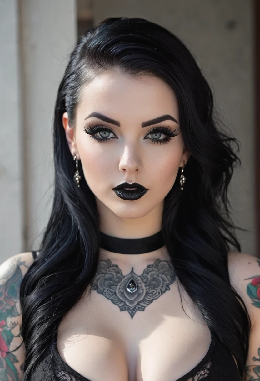 Hyper photo realistic picture perfect tattooed goth girl, sexy seductive facial features, tattooed face, smooth snow white skin, thin curved black eyebrows. Black eyeliner, dark black eye shadow, thick black lipstick, curved lips, extremely detailed long black wavy hair, earrings, lip piercings, choker collar, complete fullbody, larg voluptuous breast, tattooed breast, tattooed Sternum underboob, tattooed stomach, abs, hourglass waist, thick toned hips, thick thighs, tattooed back, tattooed hips, thick toned ass, tattooed vagina, tattooed ass, sexy seductive lingerie,