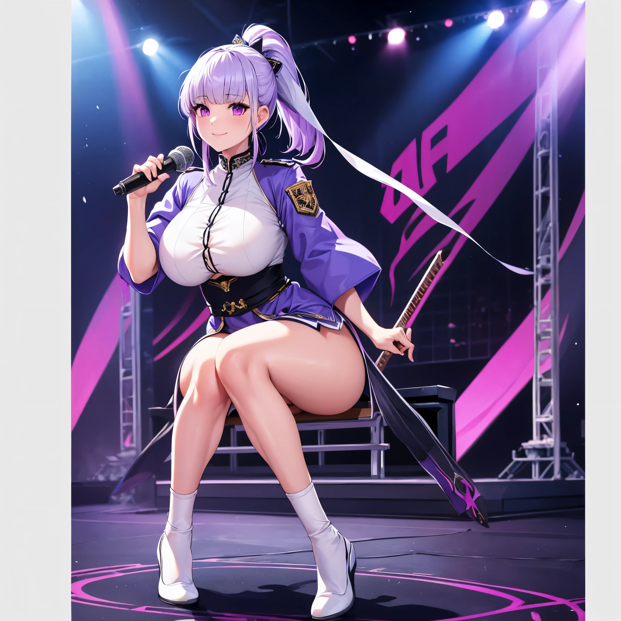 A woman wearing a white idol uniform with lilac details, weak lilac hair, purple eyes, ponytail hair, big breasts, on a Japanese idol style music stage, smiling, full body, different lighting in the place,.HDR, ultra resolution, well defined, masterpiece, 8K HD. (solo woman)
