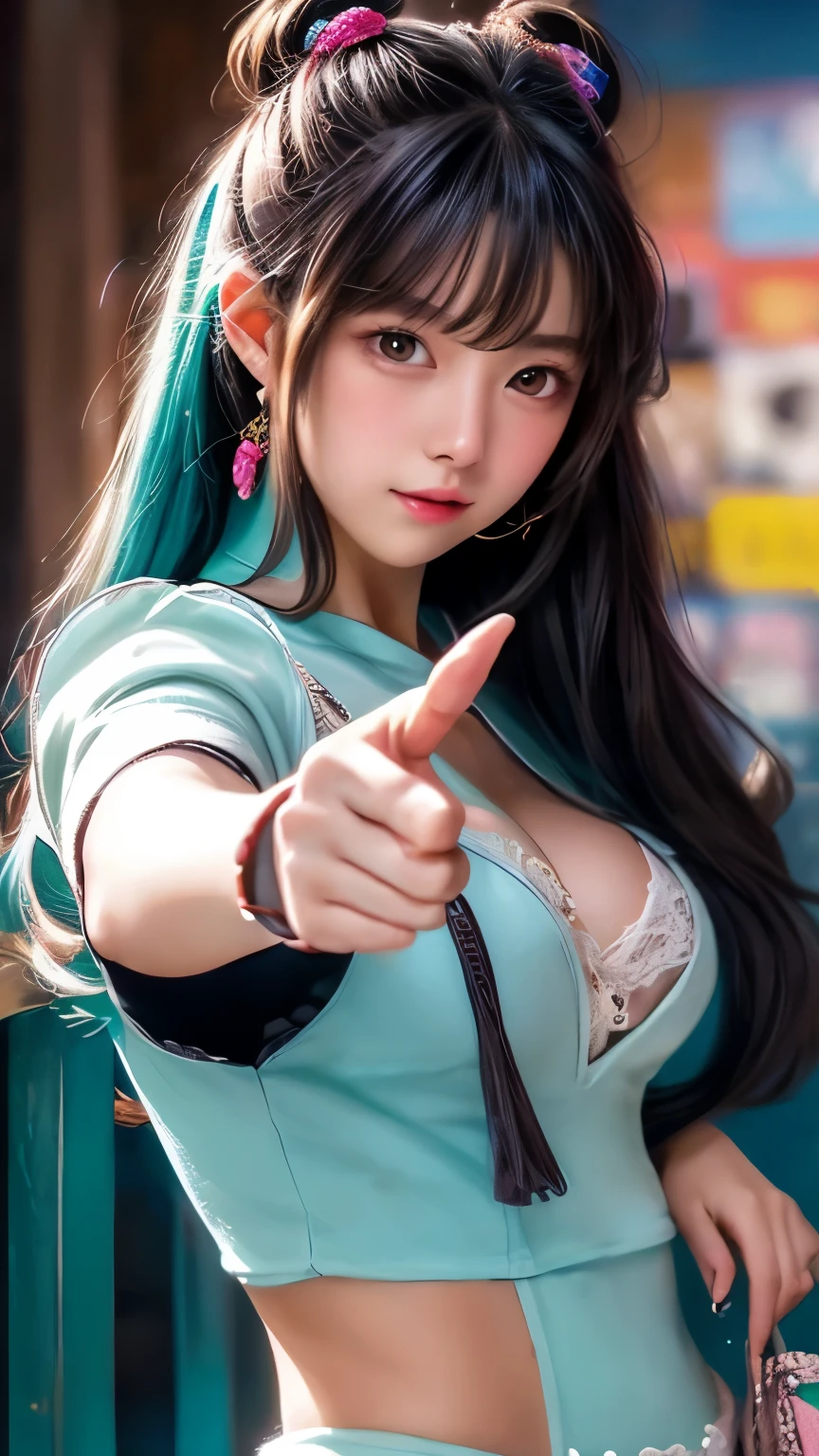 (masterpiece、highest quality、Official Art:1.2)、(colorful)、who should look'Watching、1 girl、Portraiture、alone、Colorful floating on water、Random sexy poses、peekaboo、Pointing to the cheek