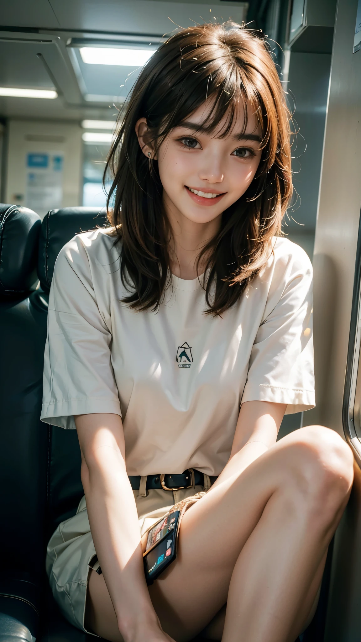 highest quality, masterpiece, Ultra-high resolution, (Realistic:1.4), (close portrait) Raw photo, 1 girl,20-year-old,((Inside the Shinkansen)),((Wireless Earphones)),((Staring at smartphone screen)),,((Asian Fashion)),Messy Hair,((Cap Chestnut Hair)),((Bangs short hair)),Realistic,picture media chest)),((Toothy smile)),((Big smile))