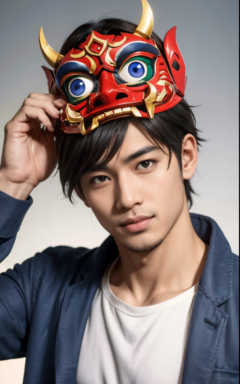 Arabian man with horns and a red mask on his head, Handsome Japanese Devil Boy, Kosuke Ono, yukito kishiro, Japanese Model, Handsome Chad Chin, fukaya yuichiro, masayoshi suto and artgerm, Attractive and good looking, Handsome, Beautiful Face, by Tadashi Nakayama