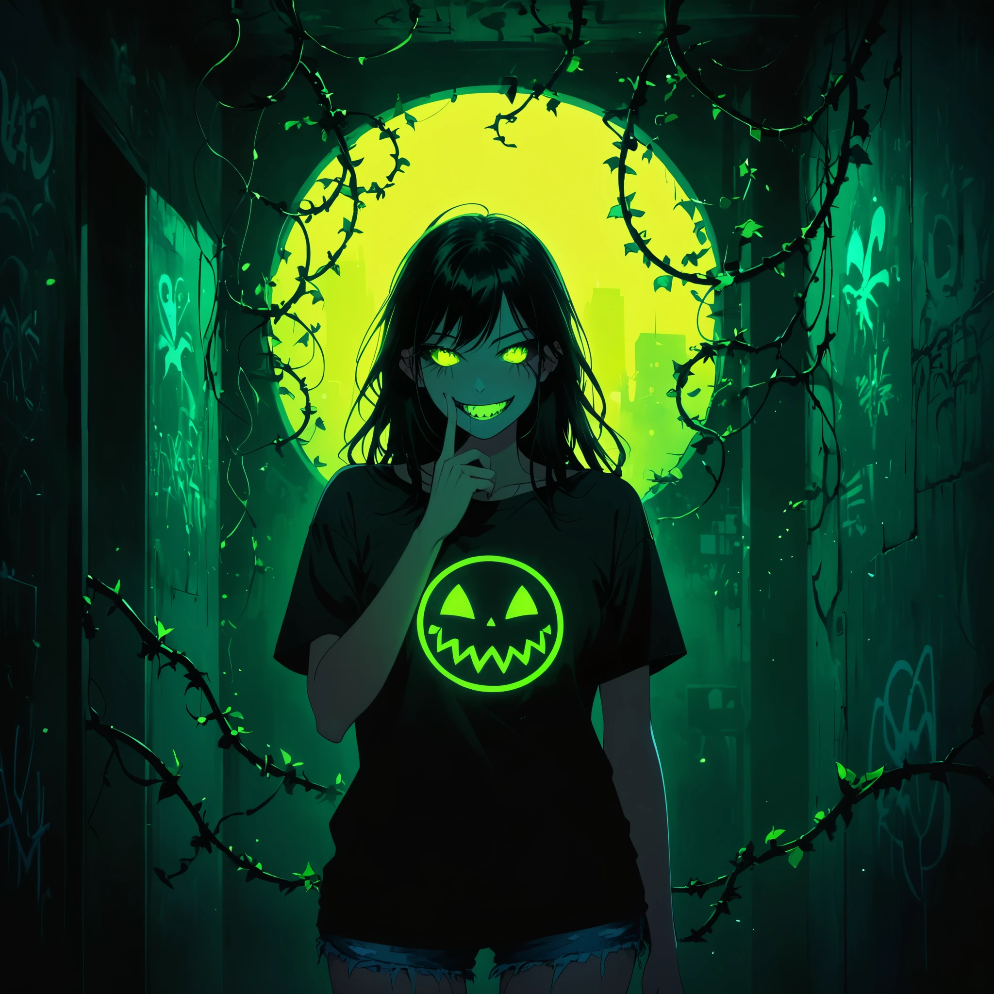 (Portrait of a mysterious giant eye),indoor,Fluorescent illumination,(((Darkness shrouded))),Wall background,black background,silhouette,shadow,extreme darkness,Minimalist graffiti style background,Fluorescent green ploy Skull pattern graffiti,Dark atmosphere,cowboy shot,1girl,Oversized black T-shirt,Medium Breast,Waistless T-shirt,(underboob),blurred background,Blurred foreground,Green fluorescent hair,Fluorescent green eyes,Hand raised and touching hair,long hair,Messy hair,Low rise denim shorts,Over-the-knee boots,pink eye shadow,Ruined eyeshadow,(Vanishing point,Depth of Field,Background blur),(Vines Covered Foreground:10),Grin,Open your mouth,Devil smiley,middle finger,Shark Teeth,Dark and Edgy、Surrealist elements、expressive brushstrokes、dynamic composition。\extreme detail description