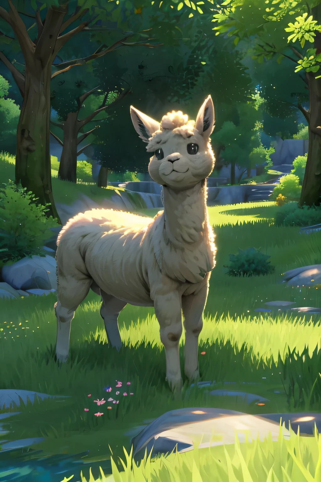 An Alpaca, illustration of a cute little alpaca  that looks like something out of Pokemon, fluffy, forest, (clear stream upstream), sunlight through trees, flowers, 
(best composition), (Masterpiece), (Best Quality), (intricate Detailes),