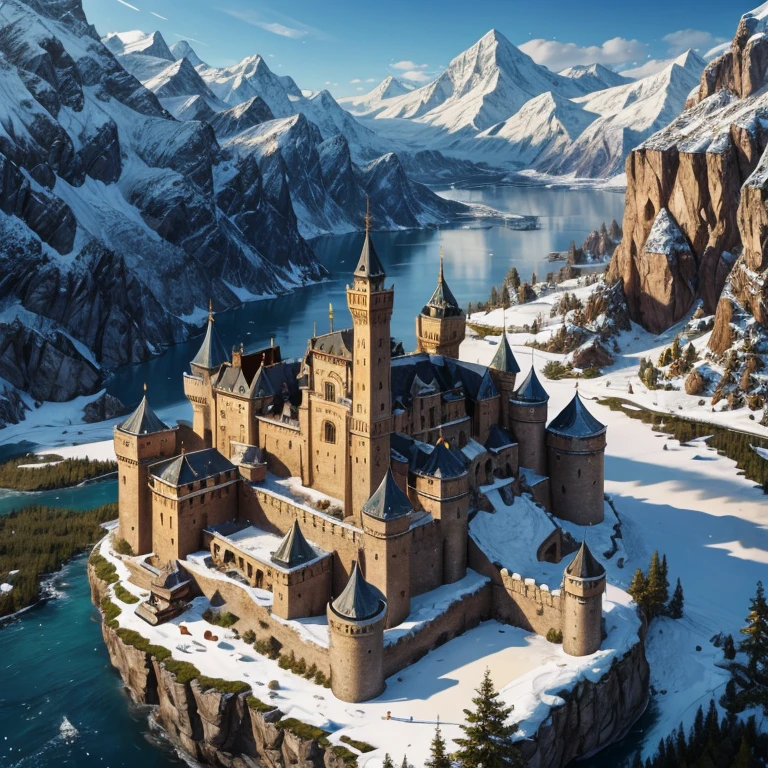 The Thermia Kingdom is a majestic land nestled in the heart of the snow-capped mountains of the north. It is set deep in the mountains. Their Kingdom is built on a mountainside. It is a cliff side palace. At the center of this magnificent kingdom lies its crowning jewel, the palace. Crafted to withstand the harshest of climates, this fortress is a true testament to the skill and ingenuity of Thermia's craftsmen. Though the castle is large, it is surrounded by many large snowy villages of their people. Beautiful architectural yet medieval villages. Their palace is made of stone and precious gemstones and ice. The villages around the palace are built into the cliff sides. The palace is also made of wood and stone.This is a very strong kingdom with it being built into part of a Cliffside. There are many cabin villages around these parts. Wolves and goats and polar bears. Also lurk around this kingdom.