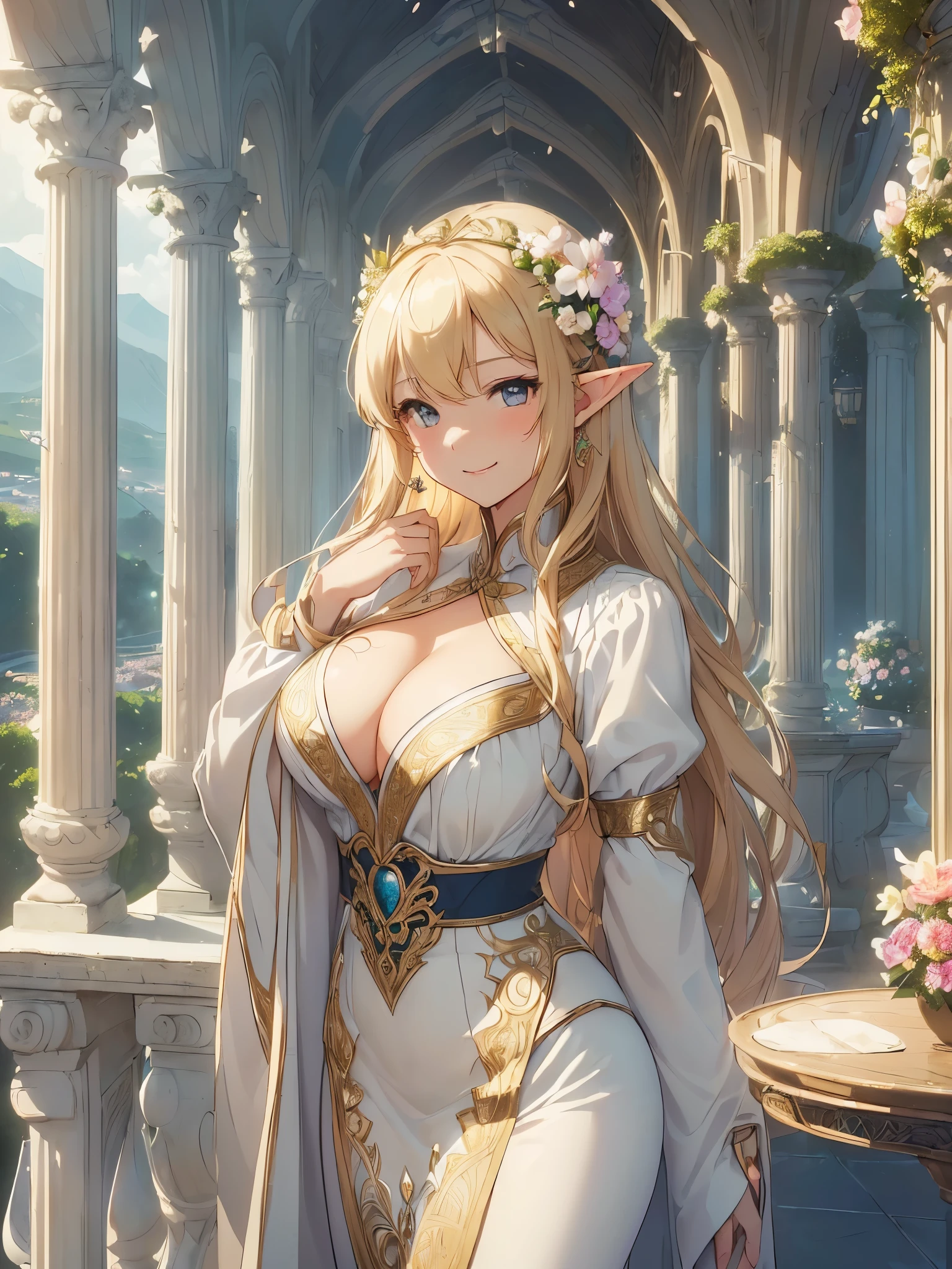 最high quality、Best image quality、masterpiece、Beautiful Face、、Titania、Super beautiful elf girl((22 year old office lady big bust、Bust 90,Beautiful long ironed hair、blonde、height: 165cm。thin、Beautiful dress、cowboy shot,、marble columns、、Dining on the terrace、Sumptuous cuisine、Esbian、high quality、美しいart、、ビジュアルart、Depth of written border、、Elf Ears、、Happy smile、穏やかなLight、Beautiful views、Vision、spring、landscape、hill、青null、Distant Mountain、elegant、ticker beautiful decorative、、、mystery的な、、Light、 null、art、Lord of the Ring、壮観なlandscape、A friendly smile、wonderful、Fluttering petals、Flower Field、nature、魔法のLight、Fantasy、super REALITYa lotの薔薇、Grow 、、mysteryのLight、Art Nouveau、a lot、art,mystery,UHD,magic algentle light,sexy