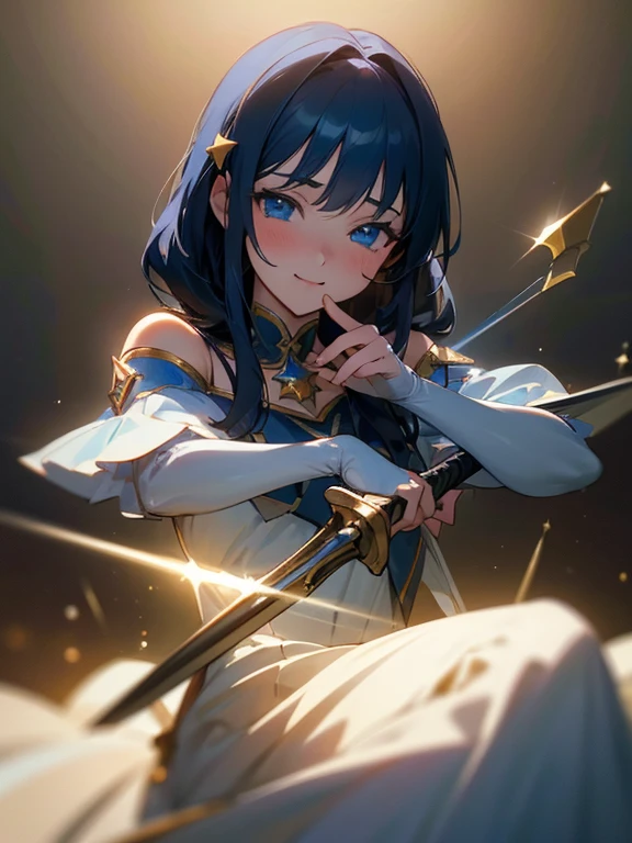 (Best Quality, Masterpiece:1.2), Ultra Detailed, 1girl, dark blue hair, shoulder length hair, blue eyes, yellow star shaped hairpin, blush, princess, looking forward, happy smile, rapier, sword in hand, elegant dress, detailed digital anime art, Best Quality, Masterpiece, Ultra-detailed, Beautiful, high resolution, Original, CG 8K, perfect artwork, beautiful face, Face Clean, Skin, hyper realistic, Ultra Detailed, detailed eye, dramatic lighting, (Realistic) Realistic, Full HD, Best Quality, Best Quality, Beautiful lighting, High Details, sharp-focus