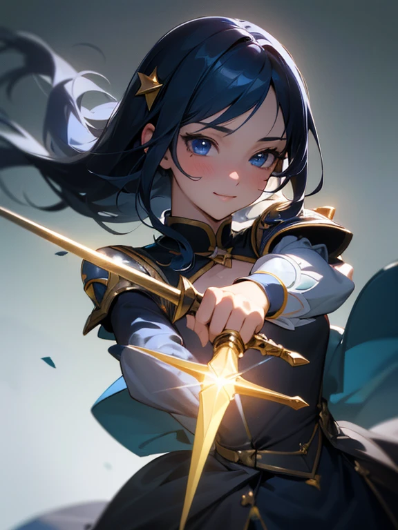 (Best Quality, Masterpiece:1.2), Ultra Detailed, 1girl, dark blue hair, shoulder length hair, blue eyes, yellow star shaped hairpin, blush, princess, looking forward, happy smile, rapier, sword in hand, elegant dress, detailed digital anime art, Best Quality, Masterpiece, Ultra-detailed, Beautiful, high resolution, Original, CG 8K, perfect artwork, beautiful face, Face Clean, Skin, hyper realistic, Ultra Detailed, detailed eye, dramatic lighting, (Realistic) Realistic, Full HD, Best Quality, Best Quality, Beautiful lighting, High Details, sharp-focus