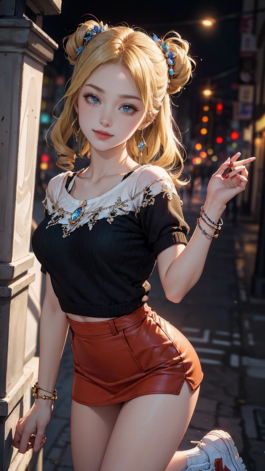 ((最high quality, 8K, masterpiece: 1.3, Ultra HD, high quality, 最high quality, High resolution, realism)) 、25-year-old Caucasian female、blue eyes、long hair、smile、slender、slenderだがアスリートのような細マッチョ、I want my head to stay off screen、Wear accessories on your wrist、Wearing red nail polish、I have a peticure、aerial perspective((atmospheric perspective))、smile((smiley))、background blur((depth of field)、Crystal Earrings((crystal earrings))、Blonde((blonde hair))、Bangs at the parting((parted bangs))、Side Up((hair one side up))、Shearing Top((shirring top))wear、Wear knitted tights、Wear a low-rise micro mini skirt、No sleeve、Wear sneakers、In the Soho district