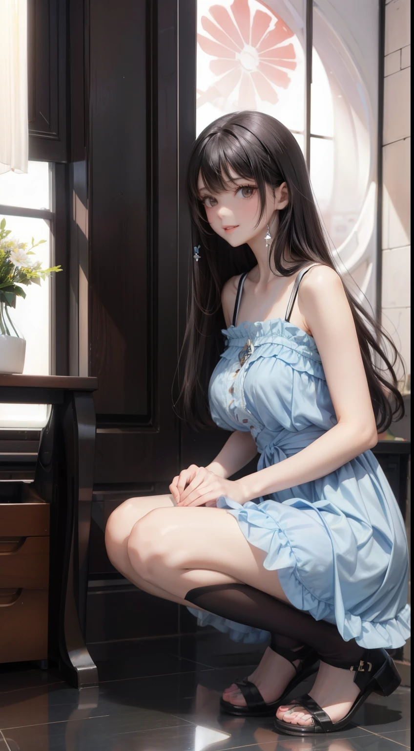 A woman wearing a light blue knee-length floral summer dress, elegant, Flat Heel Shoes, 17 years old, Adult face, Slightly wavy hair, ((Black Hair)) Shine, bright black eyes, Big Breasts、Slender figure、 Big long legs, Soft pink lips, Black Hair、Long Hair, Second dimension beautiful girl、sexy look、smile、perfect ratio、the cutest in the world
