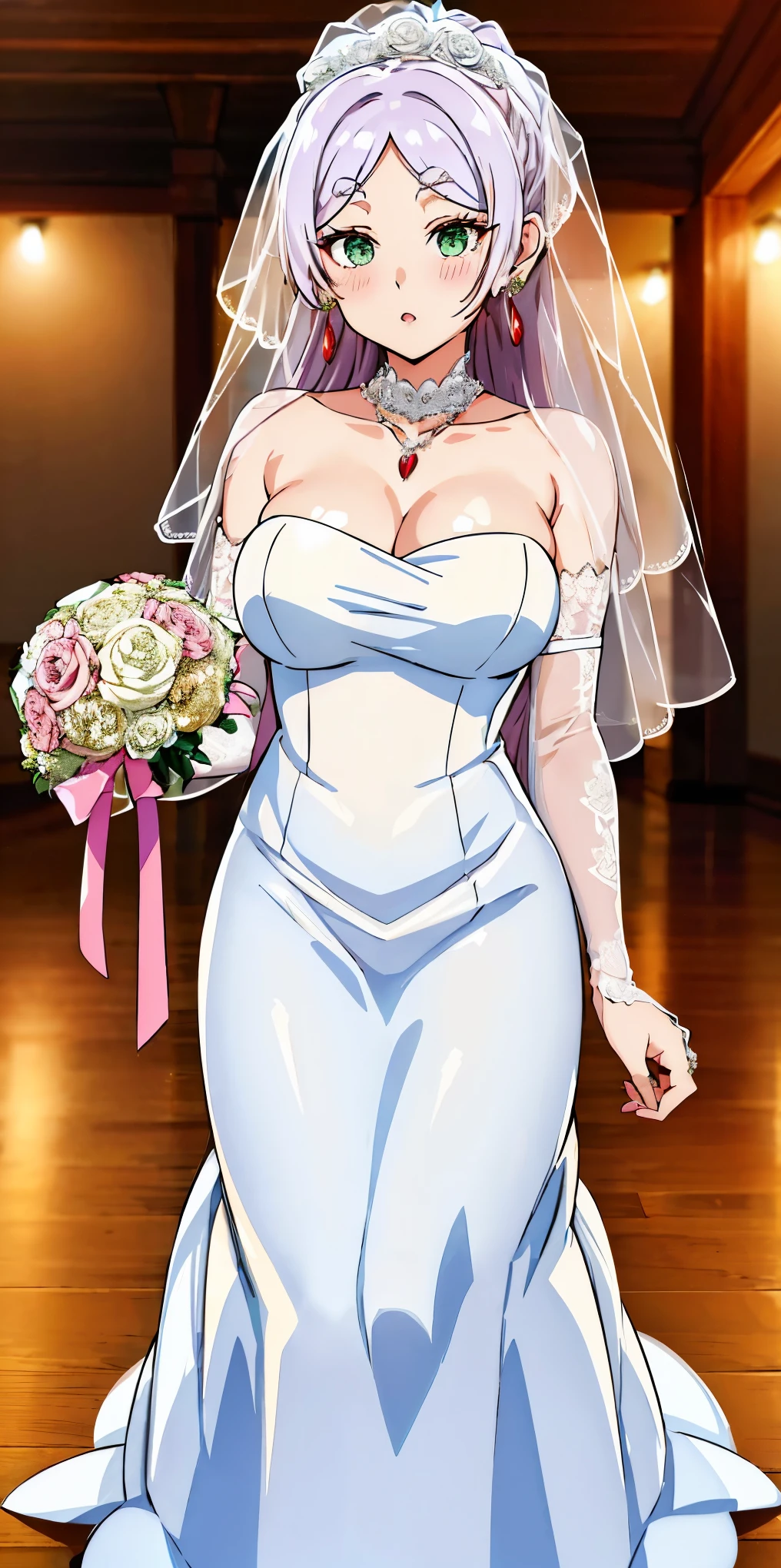 best quality,cityhunt3er, ponytail, Gurwitz, pillory, Head flail, hand flail, flail，(bridal veil:1.5), (short sheer veil：1.5) Blushing face, Head flower，headgear, (tube top wedding dress：1.5），（Silk dress：1.2）,（Strapless wedding dress：1.5）,Bouquet,pure white dress，necklace，earrings，(large breasts:1.3)，Deep V peach heart collar wedding dress，Bangs，lipstick，（lace gloves：1.3) ,Bust photo, High detail RAW color art, Tyndall phenomenon