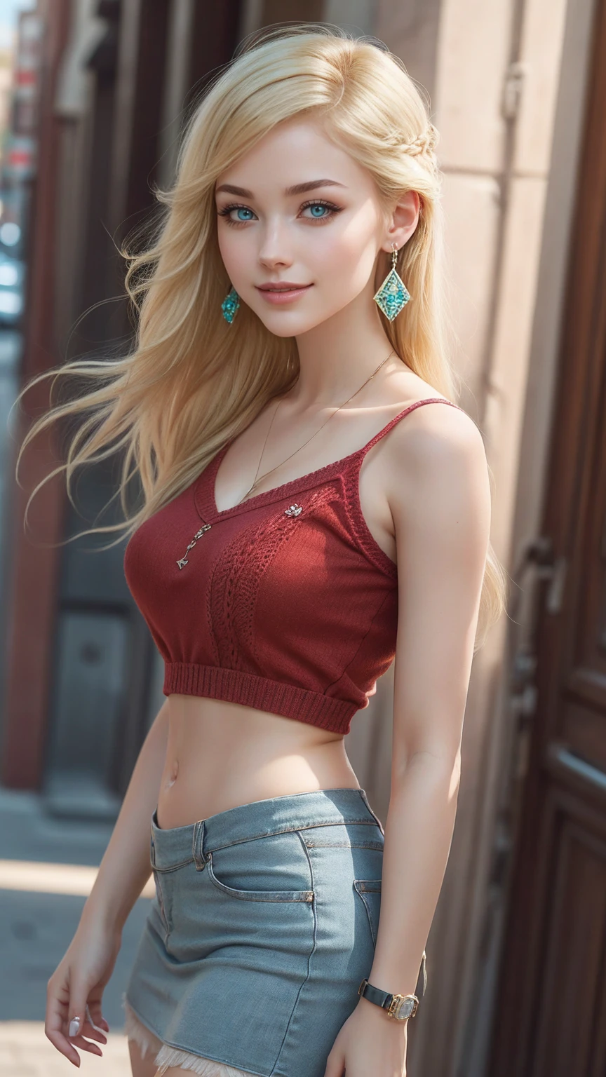 ((最high quality, 8K, masterpiece: 1.3, Ultra HD, high quality, 最high quality, High resolution, realism)) 、25-year-old Caucasian female、blue eyes、long hair、smile、slender、slenderだがアスリートのような細マッチョ、I want my head to stay off screen、Wear accessories on your wrist、Wearing red nail polish、I have a peticure、aerial perspective((atmospheric perspective))、smile((smiley))、background blur((depth of field)、Crystal Earrings((crystal earrings))、Blonde((blonde hair))、Bangs at the parting((parted bangs))、Side Up((hair one side up))、Shearing Top((shirring top))wear、Wear knitted tights、Wear a low-rise micro mini skirt、No sleeve、Wear sneakers、In the Soho district