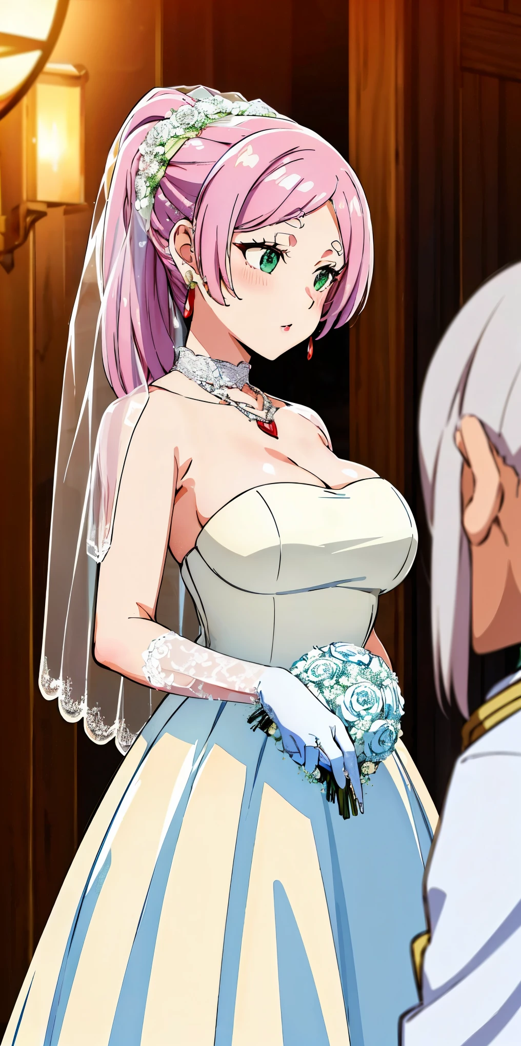 best quality,cityhunt3er, ponytail, Gurwitz, pillory, Head flail, hand flail, flail,(bridal veil:1.5), (short sheer veil:1.5) Blushing face, Head flower,headgear, (tube top wedding dress:1.5),(Silk dress:1.2),(Strapless wedding dress:1.5),Bouquet,pure white dress,necklace,earrings,(large breasts:1.3),Deep V peach heart collar wedding dress,Bangs,lipstick,(lace gloves:1.3) ,Bust photo, High detail RAW color art, Tyndall phenomenon