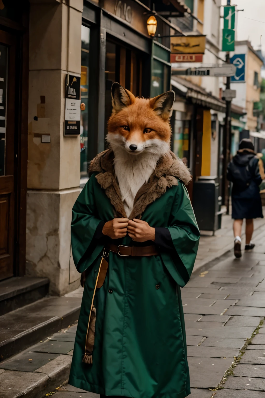 An anthropomorphic fox with realistic fur and serious expression., Dressed in green wizard robes, de pie con orgullo sobre el camino para una ciudad, hay mucha neblina alrededor