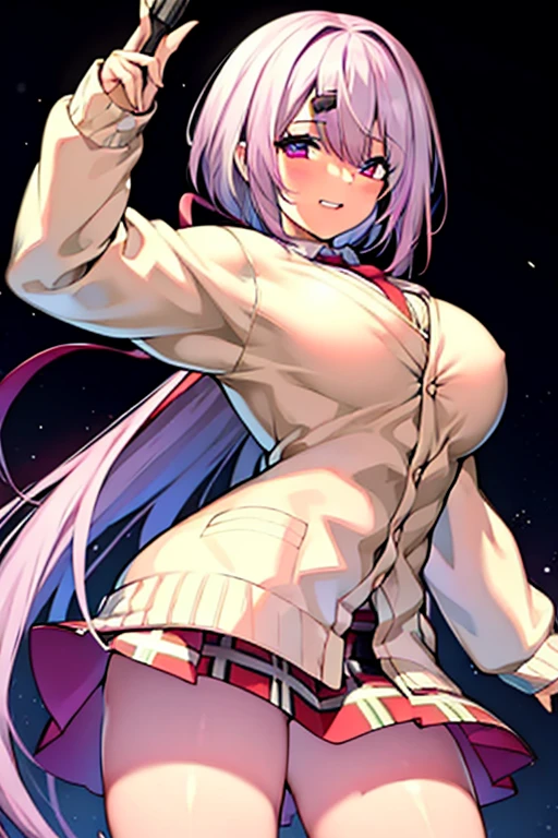 One girl.(Sniper),Pleated skirt,mini skirt,big breasts,smile,Cowboy Shot,