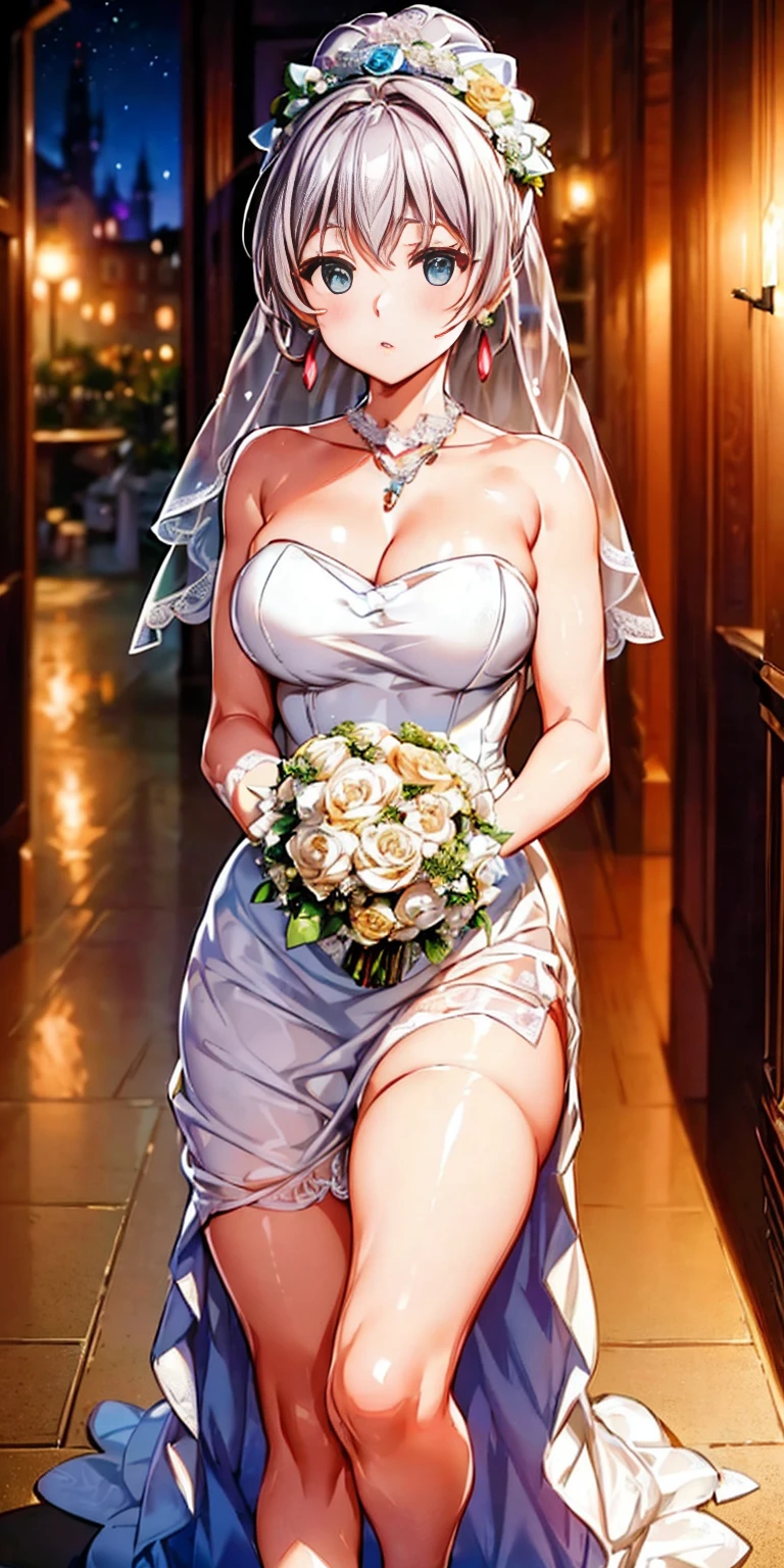 best quality,cityhunt3er, ponytail, Gurwitz, pillory, Head flail, hand flail, flail，(bridal veil:1.5), (short sheer veil：1.5) Blushing face, Head flower，headgear, (tube top wedding dress：1.5），（Silk dress：1.2）,（Strapless wedding dress：1.5）,Bouquet,pure white dress，necklace，earrings，(large breasts:1.3)，Deep V peach heart collar wedding dress，Bangs，lipstick，（lace gloves：1.3) ,Bust photo, High detail RAW color art, Tyndall phenomenon