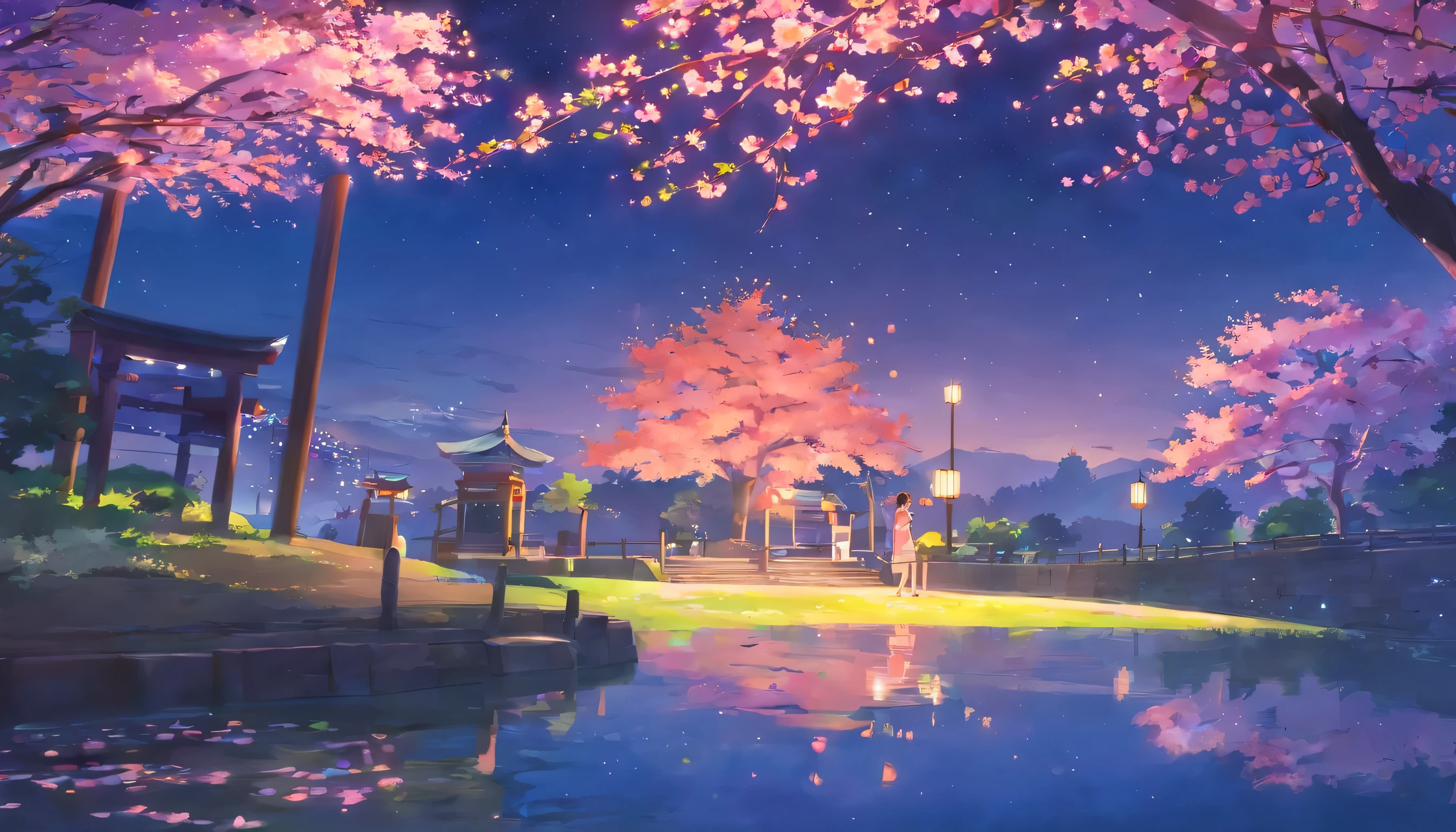 【masterpiece】Cherry tree in full bloom,Japanese garden,Beautiful night sky,there's no one here,quiet