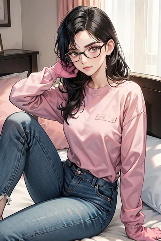 A woman with black hair and glasses sitting on a bed wearing jeans, a sweatshirt and pink rubber gloves