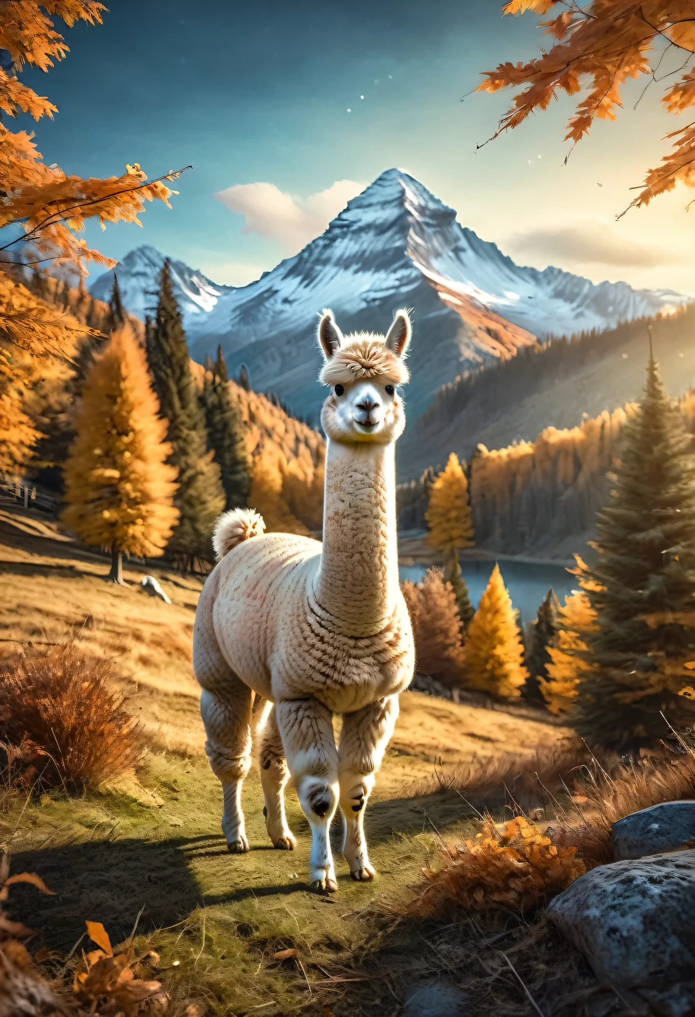 overall shot:1.4, (Masterpiece:1.5),(best quality:1.6), (Ultra-high resolution:1.4),((a furry, cute, epically beautiful alpaca:1.6)), in the middle of the mountains at sunset:1.4 )), landscape, vibrant colors, Sunrise, sun rays passing through the trees, leaves falling from the trees, dew on leaves and plants, clouds, (( magical, beautiful, otherworldly, trees:1.4 )), (( best quality, vibrant, 32K, clear and well-defined shadows, at night:1.3)).