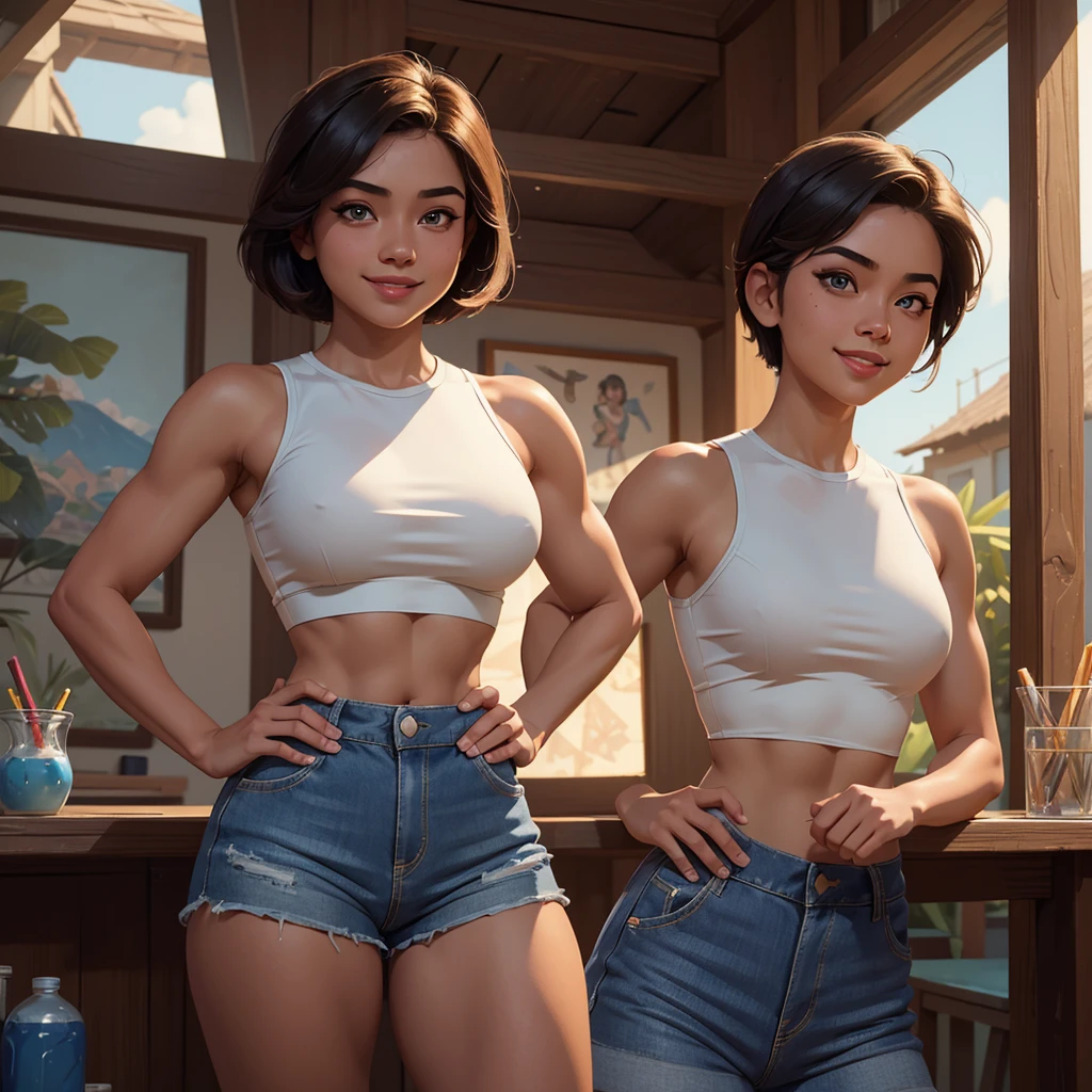 (masterpiece, best quality:1.1576), (ultra-detailed:1.1025), (cinematic lighting, illustration:1.05, beautiful detailed eyes, 1girl:1.05), Filipino girl, 24-years-old, strong muscles, short hair, blue crop top, high waisted shorts, smile, summer, village, hands at hips