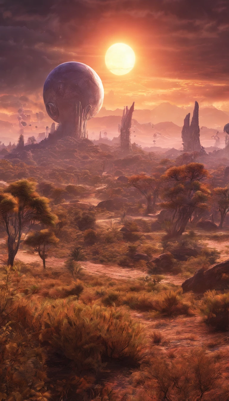 Strange alien landscape, Twin Suns, Atmospheric Color, fields, Background tree々, Dense foliage, animal, picturesque, photograph, synthwave