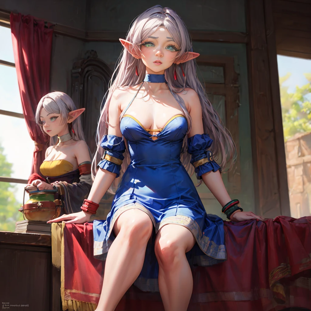 Best quality, graceful pose,(eye color: 1.5), color ribbons, bows, long hair, color hair, BREAK bracelets, bare shoulders, bikini armor, bracelets, collars, detached sleeves, dresses, earrings, florals, jewelry, metal collars , miniskirt, hip curtain, COLOR dress, COLOR skirt, COLOR sleeves, COLOR thighs, ring, skirt, thighs, BREAK looking at the audience, BREAK indoors, bed BREAK,LIBRARY BREAK , MOUNTAIN BREAK,GARDEN BREAK,(works: 1.2), best quality, high resolution, unity Wallpaper 8k, (illustration:0.8), (beautiful eye details:1.6), highly detailed faces, perfect lighting, highly detailed CG, (perfect hands, perfect anatomy)