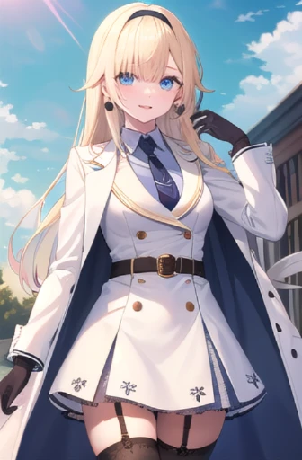 (masterpiece:1.3),((High resolution)),((high quality)),((Super detailed))、One girl、Perfect balance、Perfect Face、Detailed face、Cute face、Beautiful detailed eyes、Expressive eyes、Cute eyes、shiny eyes、Perfect body、Beautiful body、Emma Aizawa, Long Hair, Gradient Hair, hair band, Earrings, Blue tie, Collared shirt, White Dress, White coat, Armband, Long sleeve, Black gloves, Black belt, Garter Straps, Black knee socks, Are standing, Cowboy Shot, smile, Outdoor