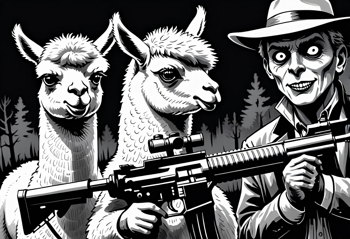 wordless,  Alpaca art, alpaca aesthetics, cinematic poster, splash page, horror noir shot, image within image, double exposure, alpaca apocalypse, Alpaca dual wileding M60 machine guns, with unknown silly sinister unfunny smiling expression, looks on with concern and small eyed horror, expressive distinct lines rough charcoal sketch aesthetics, bold negative color palette, negative inverse coloring (spectrum dark drab bleak coloring, rich color grading for cel shading depth), vivid color splash, hyper maximal, strange, intense, unsettling, supernatural, occult, atmospheric, overwhelming dread, moody, disturbing profound imagery, utter tragedy, intensely upsetting, bizarre, unexplained, unresolved
