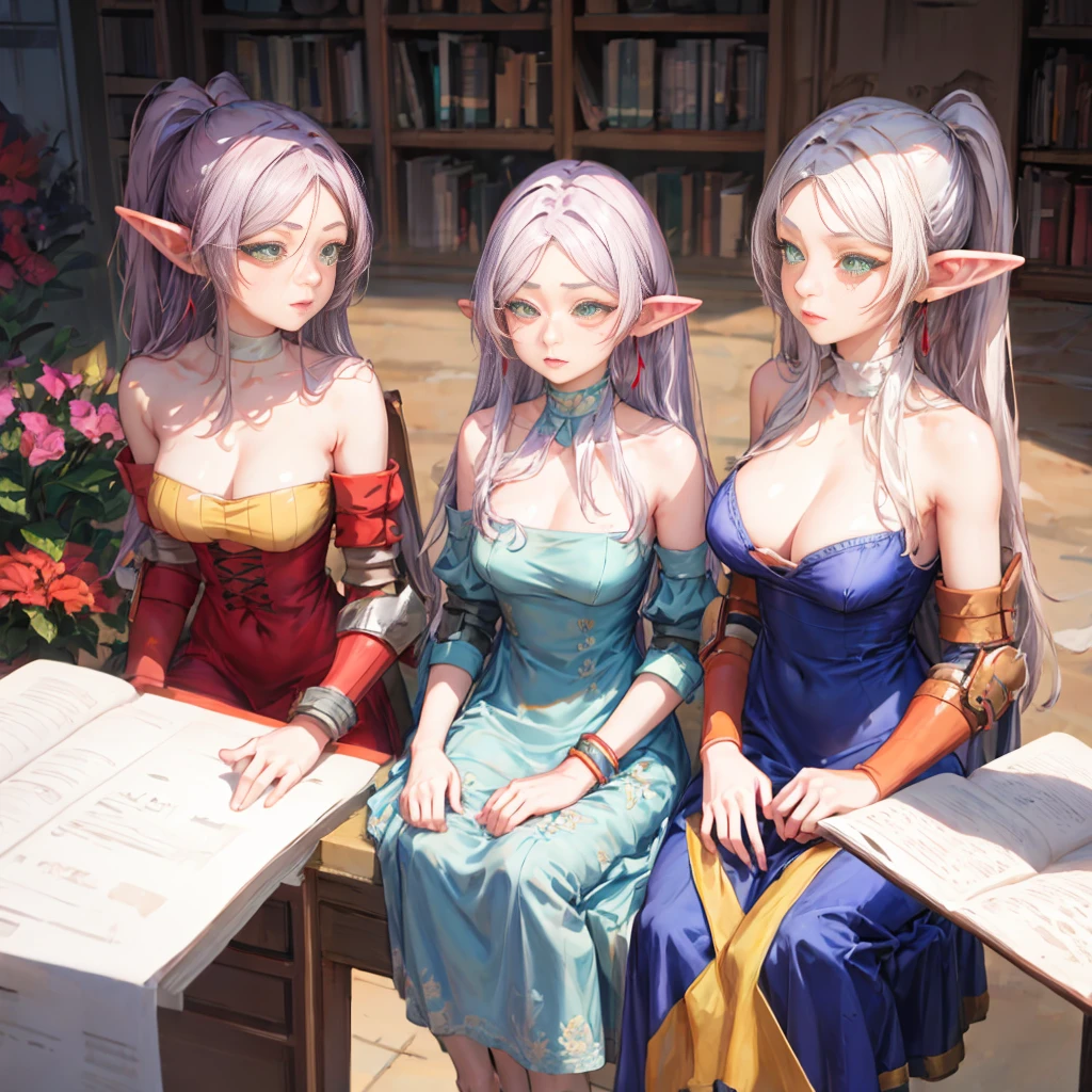 Best quality, graceful pose,(eye color: 1.5), color ribbons, bows, long hair, color hair, BREAK bracelets, bare shoulders, bikini armor, bracelets, collars, detached sleeves, dresses, earrings, florals, jewelry, metal collars , miniskirt, hip curtain, COLOR dress, COLOR skirt, COLOR sleeves, COLOR thighs, ring, skirt, thighs, BREAK looking at the audience, BREAK indoors, bed BREAK,LIBRARY BREAK , MOUNTAIN BREAK,GARDEN BREAK,(works: 1.2), best quality, high resolution, unity Wallpaper 8k, (illustration:0.8), (beautiful eye details:1.6), highly detailed faces, perfect lighting, highly detailed CG, (perfect hands, perfect anatomy)
