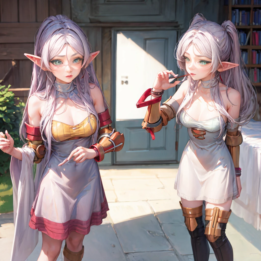 Best quality, graceful pose,(eye color: 1.5), color ribbons, bows, long hair, color hair, BREAK bracelets, bare shoulders, bikini armor, bracelets, collars, detached sleeves, dresses, earrings, florals, jewelry, metal collars , miniskirt, hip curtain, COLOR dress, COLOR skirt, COLOR sleeves, COLOR thighs, ring, skirt, thighs, BREAK looking at the audience, BREAK indoors, bed BREAK,LIBRARY BREAK , MOUNTAIN BREAK,GARDEN BREAK,(works: 1.2), best quality, high resolution, unity Wallpaper 8k, (illustration:0.8), (beautiful eye details:1.6), highly detailed faces, perfect lighting, highly detailed CG, (perfect hands, perfect anatomy)