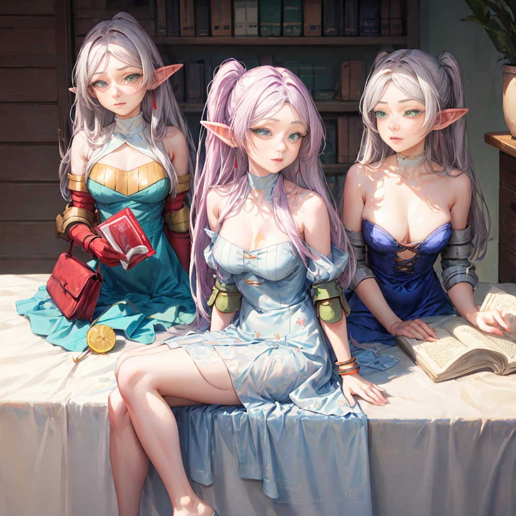 Best quality, graceful pose,(eye color: 1.5), color ribbons, bows, long hair, color hair, BREAK bracelets, bare shoulders, bikini armor, bracelets, collars, detached sleeves, dresses, earrings, florals, jewelry, metal collars , miniskirt, hip curtain, COLOR dress, COLOR skirt, COLOR sleeves, COLOR thighs, ring, skirt, thighs, BREAK looking at the audience, BREAK indoors, bed BREAK,LIBRARY BREAK , MOUNTAIN BREAK,GARDEN BREAK,(works: 1.2), best quality, high resolution, unity Wallpaper 8k, (illustration:0.8), (beautiful eye details:1.6), highly detailed faces, perfect lighting, highly detailed CG, (perfect hands, perfect anatomy)