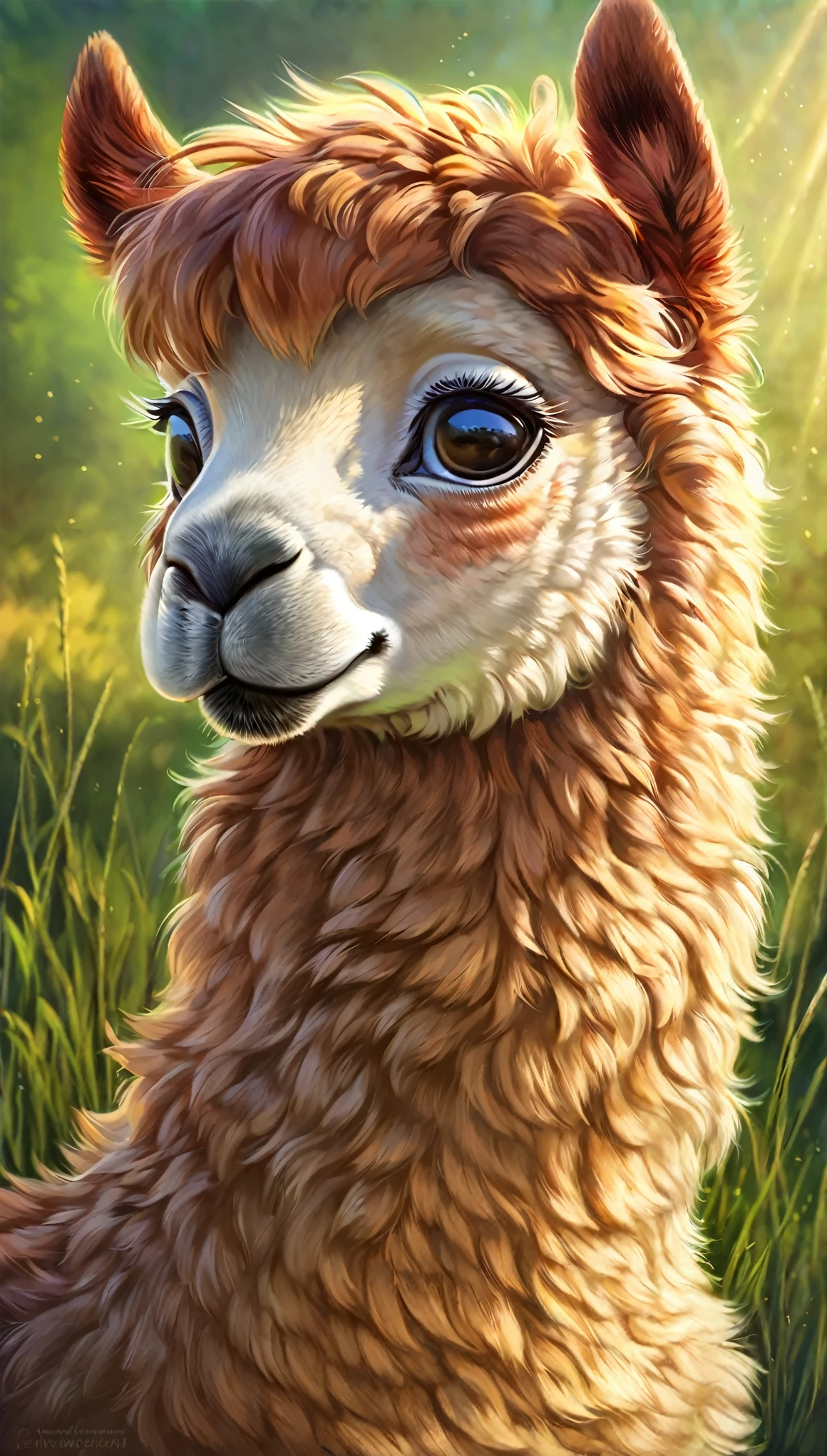 ((alpaca)), detailed eyes, fluffy fur, realistic expression, peaceful gaze, vibrant colors, soft lighting, natural setting, grassy background