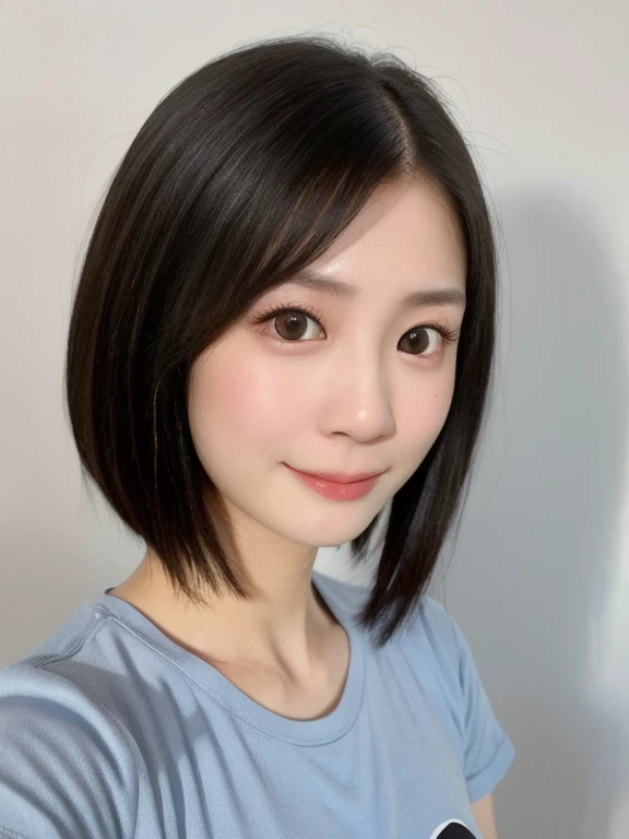 (kawaii 24 year-old Japanese girl, Nogizaka idol, Korean idol), (glossy black hair, messy very short hair, messy pixie cut, symmetric hair length, even length hair edges:1.3), (forehead), (extra rounded face, black eyes, single eyelid, no makeup, soft smiling:1.2), (wearing light blue t-shirt:1.3), (flat chest, extra small breasts:0.8), (looking at viewer:1.2), BREAK, (simple white background:1.3), (angle from below, portrait:1.3), BREAK, (masterpiece, best quality, photo realistic, official art:1.4), (UHD, 8K quality wallpaper, high resolution, raw photo, golden ratio:1.2), (shiny skin), professional lighting, physically based rendering, award winning, (perfect anatomy, highly detailed skin, extremely detailed face and eyes), Carl Zeiss 85 mm F/1.4, depth of field, 1girl, solo,