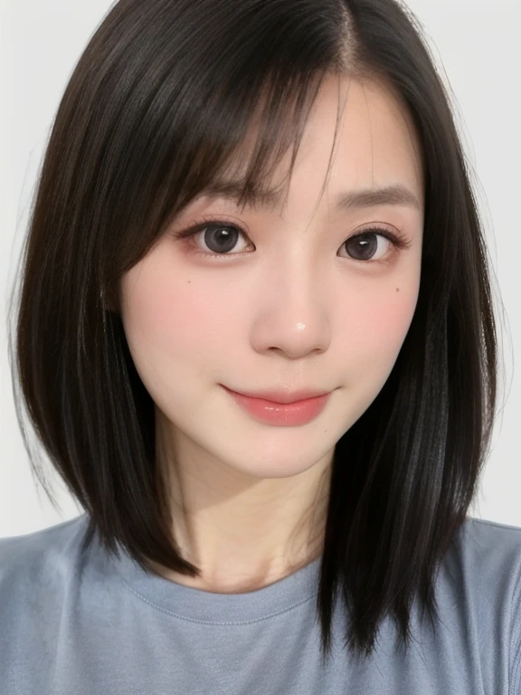 (kawaii 24 year-old Japanese girl, Nogizaka idol, Korean idol), (glossy black hair, messy very short hair, messy pixie cut, symmetric hair length, even length hair edges:1.3), (forehead), (extra rounded face, black eyes, single eyelid, no makeup, soft smiling:1.2), (wearing light blue t-shirt:1.3), (flat chest, extra small breasts:0.8), (looking at viewer:1.2), BREAK, (simple white background:1.3), (angle from below, portrait:1.3), BREAK, (masterpiece, best quality, photo realistic, official art:1.4), (UHD, 8K quality wallpaper, high resolution, raw photo, golden ratio:1.2), (shiny skin), professional lighting, physically based rendering, award winning, (perfect anatomy, highly detailed skin, extremely detailed face and eyes), Carl Zeiss 85 mm F/1.4, depth of field, 1girl, solo,