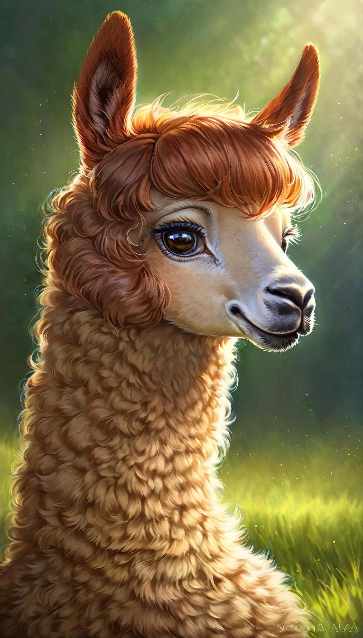 ((alpaca)), detailed eyes, fluffy fur, realistic expression, peaceful gaze, vibrant colors, soft lighting, natural setting, grassy background