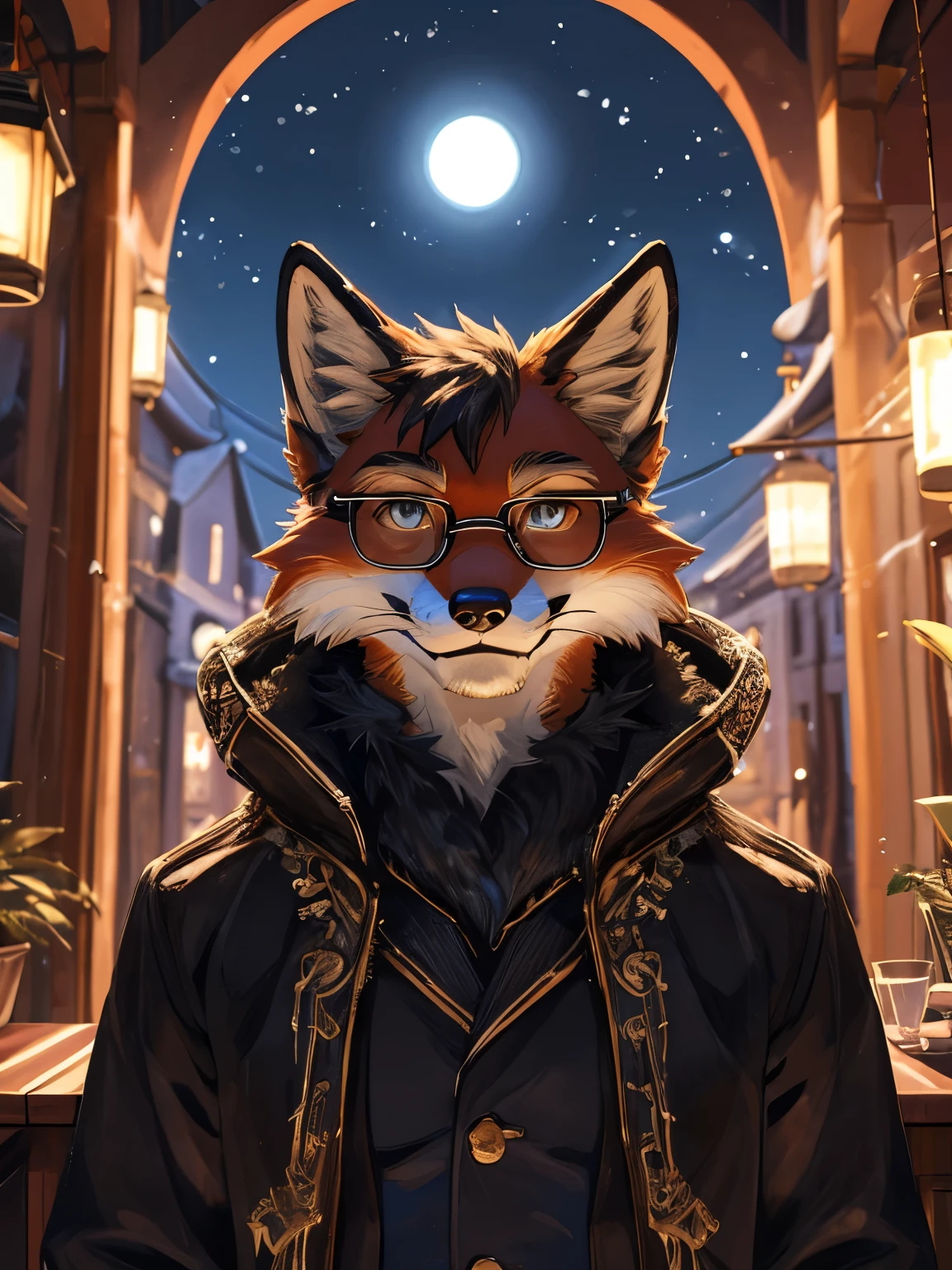 ((An anthropomorphic red fox)) male, with realistic fur, tuxedo, ((wearing glasses)), very fluffy, realistic fur on head, black fur hands, looking at viewer, proud face, Best quality, detailed. Un ambiente de una terraza de un cafe, Una noche oscura con una luna grande y brillante