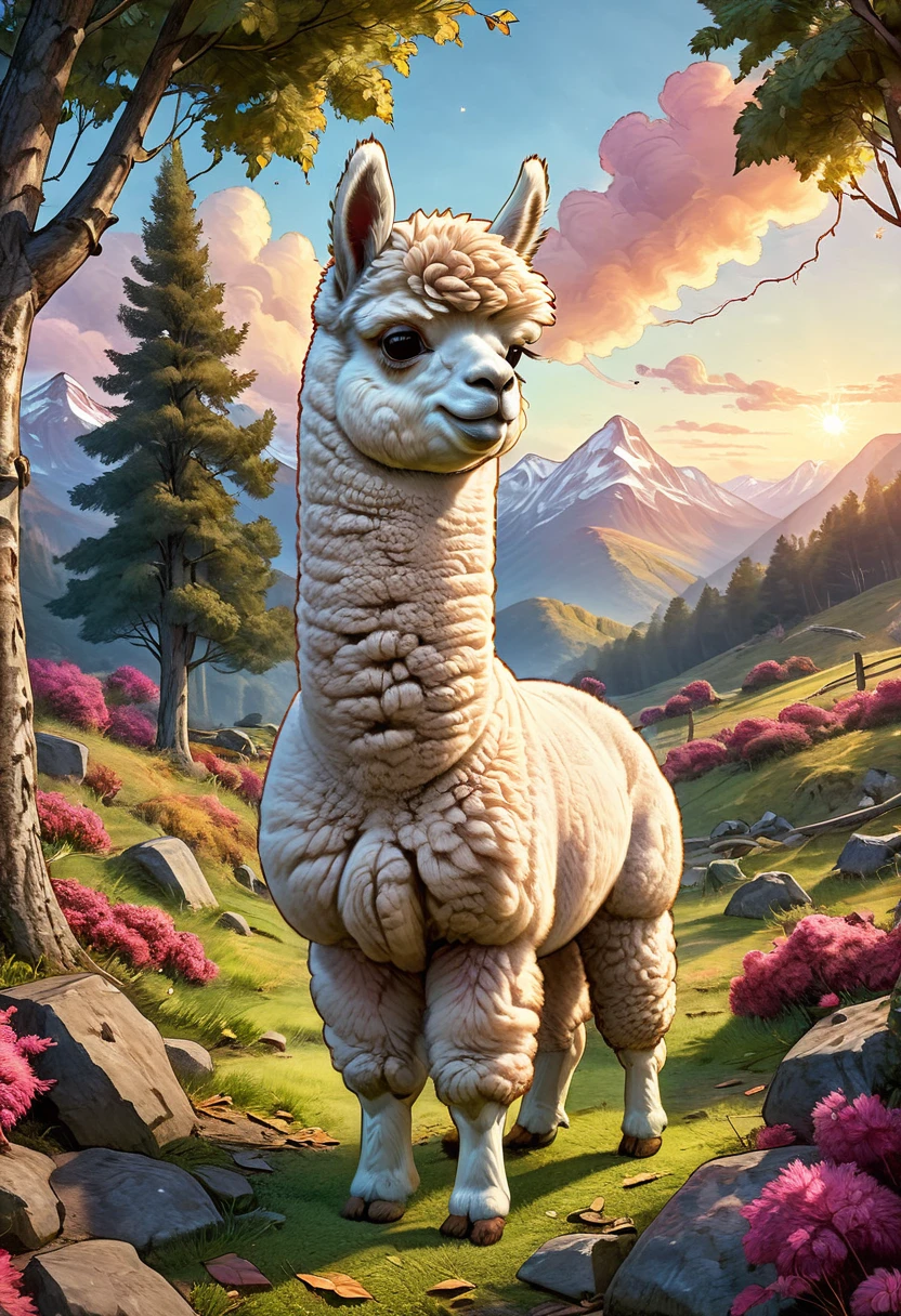 overall shot:1.4, (Masterpiece:1.5),(best quality:1.6), (Ultra-high resolution:1.4),((a furry, cute, epically beautiful alpaca:1.6)), in the middle of the mountains at sunset:1.4 )), landscape, vibrant colors, Sunrise, sun rays passing through the trees, leaves falling from the trees, dew on leaves and plants, clouds, (( magical, beautiful, otherworldly, trees:1.4 )), (( best quality, vibrant, 32K, clear and well-defined shadows, at night:1.3)).